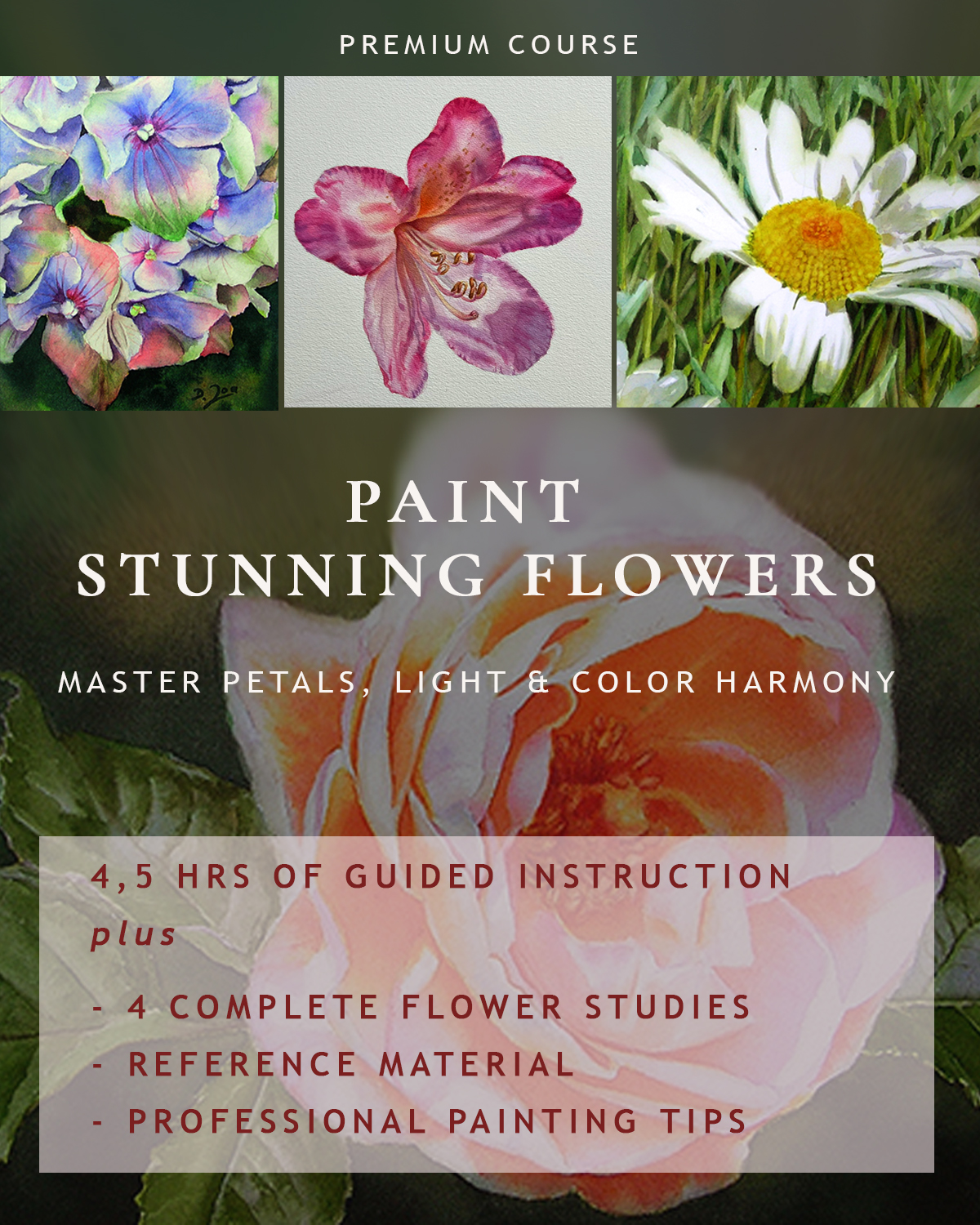 Learn to paint stunning flowers in watercolor with artist Doris Joa