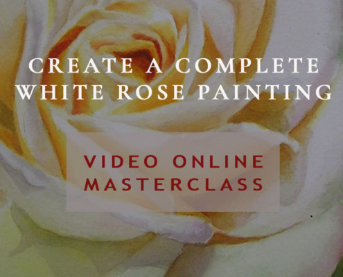Learn to create a complete rose painting - the white rose with leaves and atmospheric background in this online masterclass with artist Doris Joa
