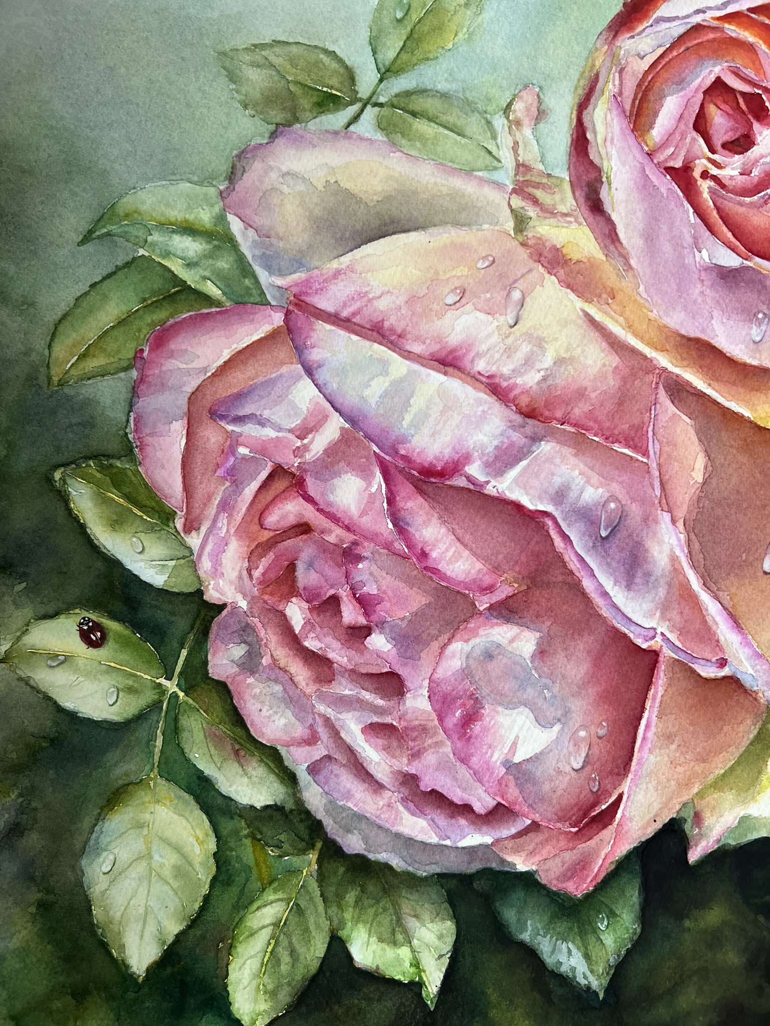 Ladybug on a leaf in the painting Eden Rose in watercolor