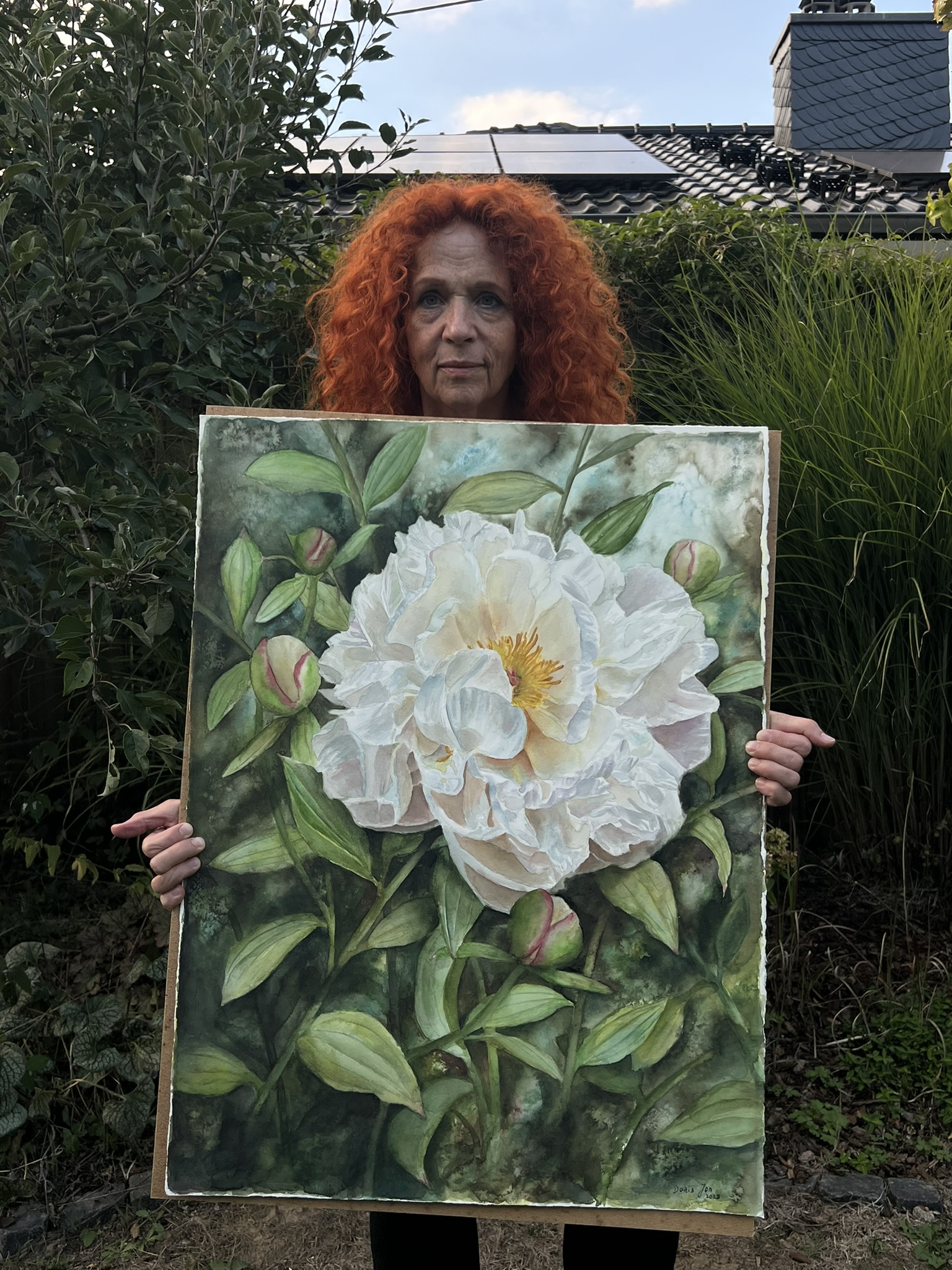 Wo Licht zur Blüte wird – Großformatiges Original-Aquarell einer weißen Pfingstrose – Bild 11