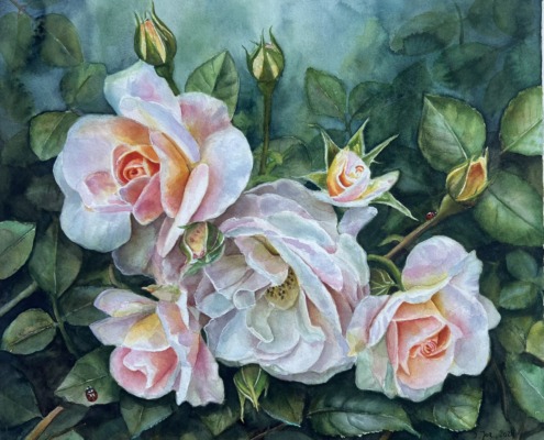 A Quiet Summer Moment, original watercolor of pale roses and two ladybirds by Doris Joa